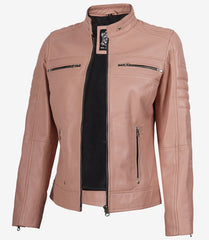 Women's Pink Real Leather Jacket Biker Style