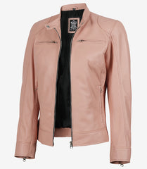 Dodge Women's Light Pink Leather Jacket - Biker Style