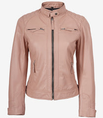 Women's Pink Leather Biker Jacket Quilted Shoulder Detail