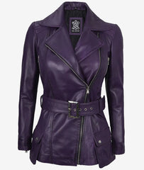 Women's Purple Real Leather Jacket Belted Biker Style