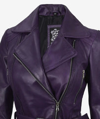 Women's Purple Real Leather Jacket Belted Biker Style