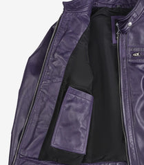 Women's Purple Real Leather Biker Jacket with Quilted Shoulders