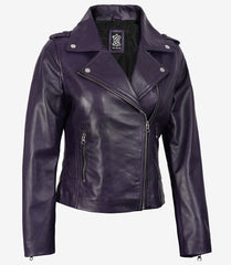 Women's Purple Lambskin Leather Jacket with Asymmetrical Biker Design
