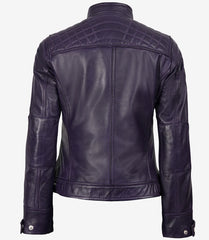Women's Purple Real Leather Biker Jacket with Quilted Shoulders