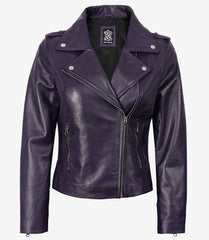 Women's Purple Lambskin Leather Jacket with Asymmetrical Biker Design