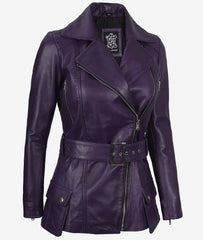 Women's Purple Real Leather Jacket Belted Biker Style