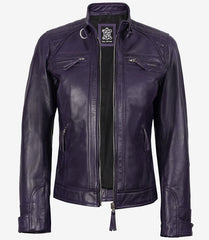 Women's Purple Real Leather Biker Jacket with Quilted Shoulders