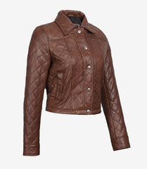 Women's Cropped Cognac Quilted Leather Jacket