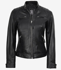 Women's Black Leather Biker Jacket with Quilted Shoulders