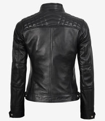 Women's Black Leather Biker Jacket with Quilted Shoulders