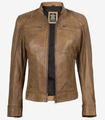 Women's Camel Real Leather Jacket in Biker Style