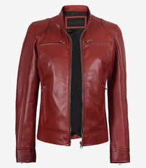 Women's Red Real Leather Jacket in Biker Style