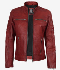 Women's Red Waxed Leather Jacket in Biker Style