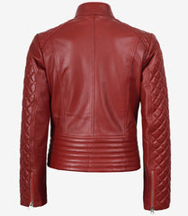 Women's Red Real Leather Quilted Biker Jacket
