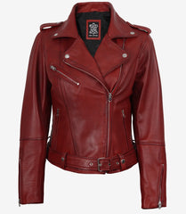 Women's Genuine Leather Biker Jacket with a Belted Waist