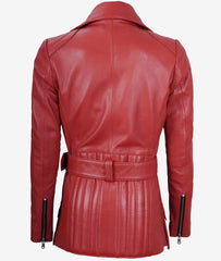 Women's Red Leather Jacket Belted Biker Style