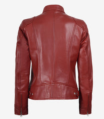 Women's Red Real Leather Jacket in Biker Style