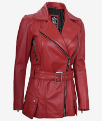 Women's Red Leather Jacket Belted Biker Style