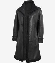 Women's Black Real Leather Shearling Coat in 3/4 Length