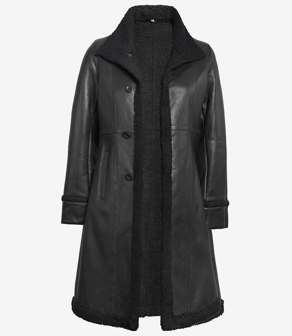 Women's Black Leather Shearling Coat – 3/4 Length Classic Fit