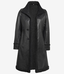 Women's Black Real Leather Shearling Coat in 3/4 Length