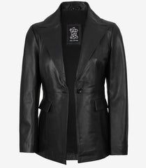 Women's Black Leather Blazer with Single Button and Peak Lapel
