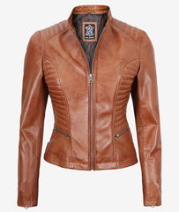 Rachel Women's Petite Tan Leather Jacket in Biker Style