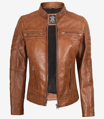 Women's Tan Lambskin Leather Biker Jacket