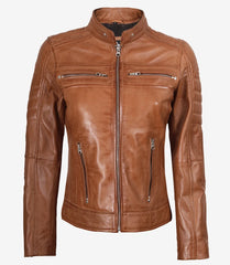 Women's Tan Lambskin Leather Biker Jacket