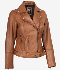 Women's Tan Leather Biker Jacket with Asymmetrical Cut and Belted Waist