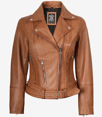 Women's Tan Leather Biker Jacket with Asymmetrical Cut and Belted Waist