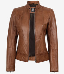 Women's Tan Waxed Leather Biker Jacket in a Slim-Fit Silhouette