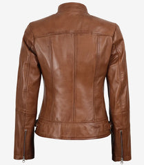 Women's Tan Waxed Leather Biker Jacket in a Slim-Fit Silhouette