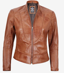 Montana Women's Tall Tan Leather Jacket - Biker Style