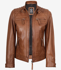 Women's Tan Quilted Lambskin Leather Jacket Biker Design