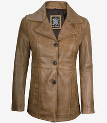 Women's Camel Brown Leather Blazer with Three Buttons