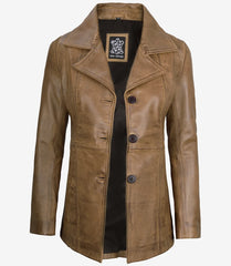 Women's Camel Brown Leather Blazer with Three Buttons