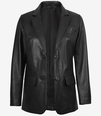 Women's Black Leather Blazer with Two Buttons and Notch Lapel