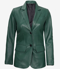 Women's Green Leather Blazer with Two Buttons