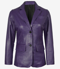 Women's Purple Leather Blazer with Two Buttons and Notch Lapel
