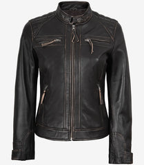 Women's Quilted Distressed Brown Real Leather Jacket Biker Style
