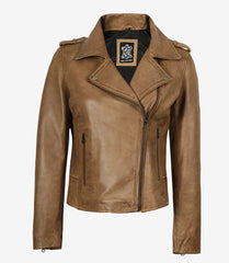Women's Camel Brown Real Leather Jacket - Biker Style