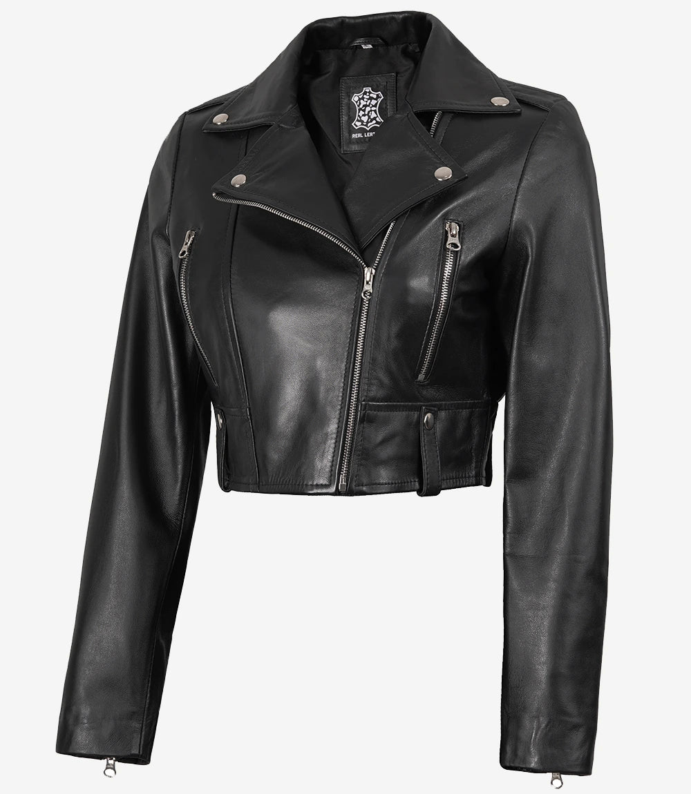 Black Ember Womens Cropped Moto-Style Leather Jacket
