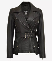 Women's Black Real Leather Biker Jacket with Belted Waist and Long Fit