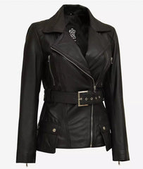 Women's Black Real Leather Biker Jacket with Belted Waist and Long Fit