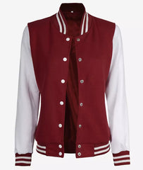 Women's Maroon Varsity Jacket with White Sleeves Baseball Style