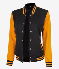 Women's Black and Yellow Varsity Jacket with Baseball Letterman Style