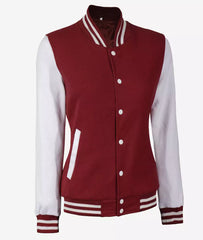 Women's Maroon Varsity Jacket with White Sleeves Baseball Style