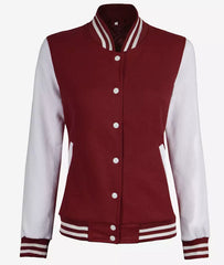 Women's Maroon Varsity Jacket with White Sleeves Baseball Style