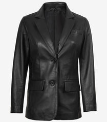 Women's Black Leather Blazer with Two Buttons and Notch Lapel